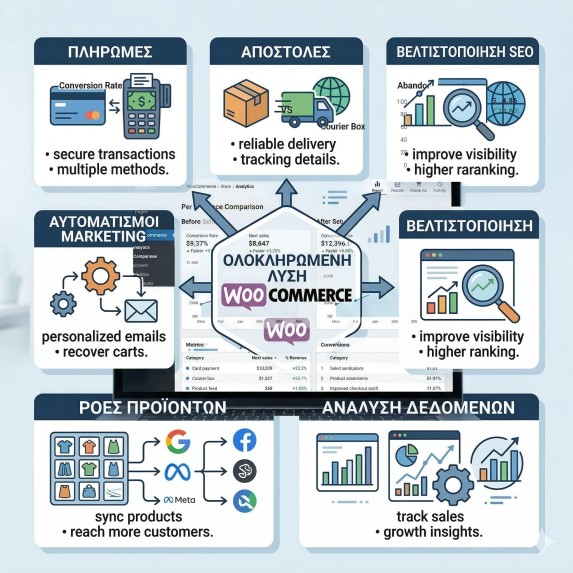 Infographic με τις βασικές κατηγορίες WooCommerce plugins για πληρωμές, SEO, shipping, analytics, feeds και automations