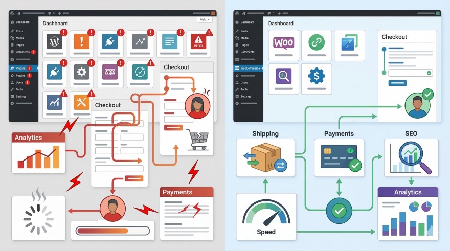 Σύγκριση ανάμεσα σε λάθος και σωστό WooCommerce plugin stack για καλύτερη λειτουργία eshop