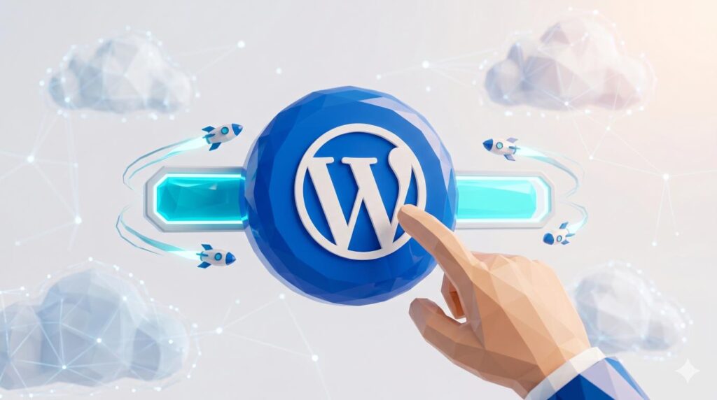 Αυτόματη εγκατάσταση WordPress μέσω hosting installer με ένα κλικ, δείχνοντας ένα 3D κουμπί και μπάρα προόδου για γρήγορη δημιουργία ιστοσελίδας.