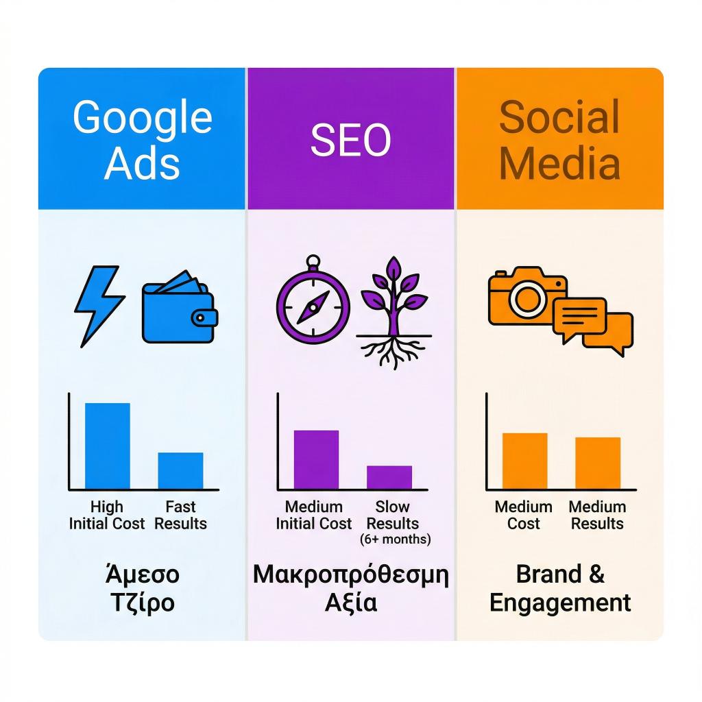 Γράφημα σύγκρισης κόστους και χρόνου απόδοσης (ROI) μεταξύ Google Ads, SEO και Social Media.