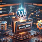 Οδηγός εγκατάστασης WordPress μέσω cPanel, απεικονίζοντας το ανέβασμα των αρχείων στον φάκελο public_html και τη βάση δεδομένων.
