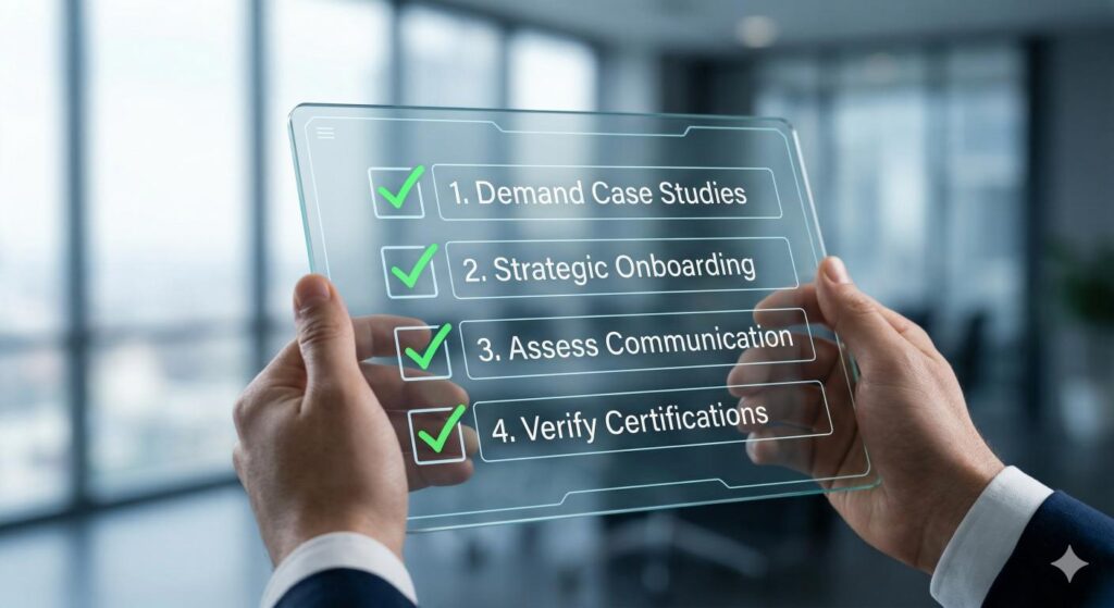 A checklist for evaluating a digital marketing company in Greece, focusing on transparency and results.