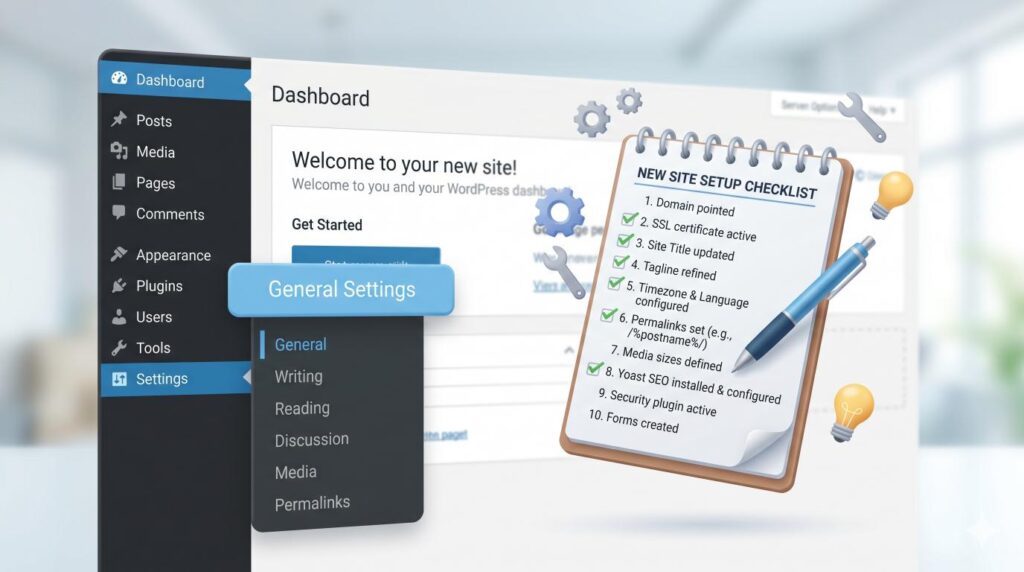 Πλοήγηση στο WordPress dashboard navigation και checklist με τις βασικές ρυθμίσεις που πρέπει να γίνουν αμέσως μετά την εγκατάσταση.