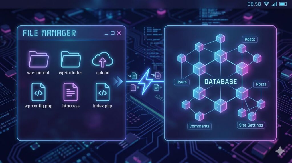 Διαδικασία για χειροκίνητη εγκατάσταση WordPress, με γραφική απεικόνιση των αρχείων εγκατάστασης και της σύνδεσης με τη βάση δεδομένων.