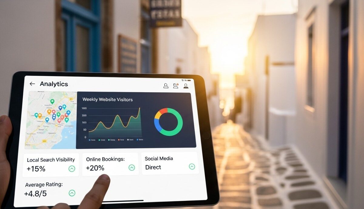 Tablet με analytics KPIs μπροστά από ελληνικό νησιώτικο δρομάκι με τοπικό κατάστημα – συμβολισμός Τοπικό SEO