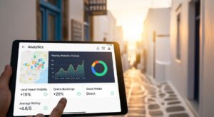 Tablet με analytics KPIs μπροστά από ελληνικό νησιώτικο δρομάκι με τοπικό κατάστημα – συμβολισμός Τοπικό SEO