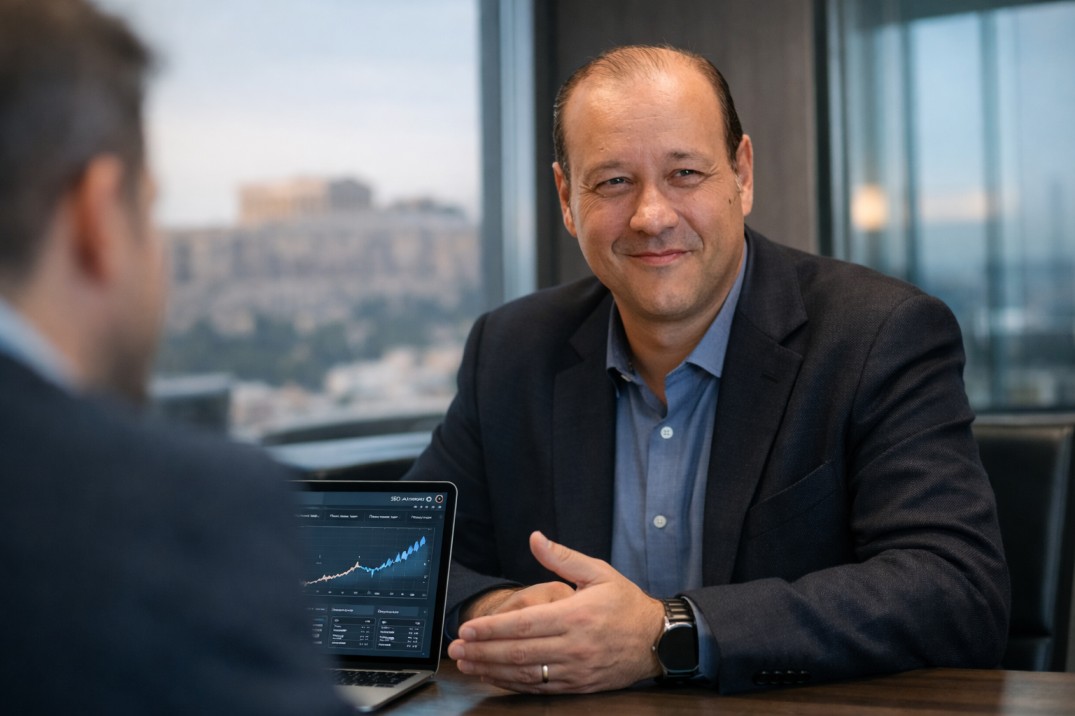 Christos Violetis consulting on SEO strategy in Athens office
