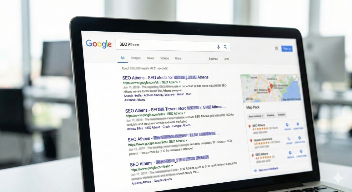 AI search results and SEO optimization concept for Athens businesses