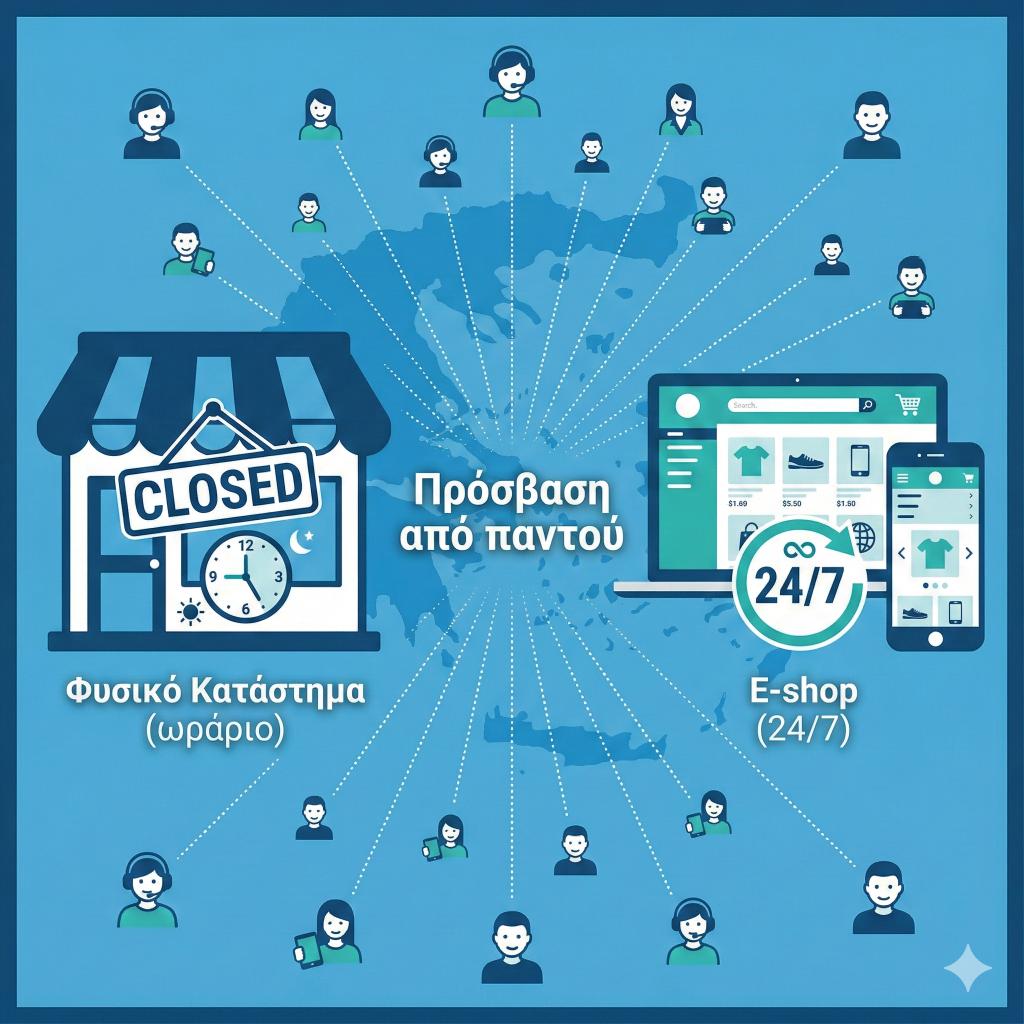 Infographic που δείχνει e-shop ανοιχτό όλο το 24ωρο και πρόσβαση σε πελάτες πέρα από τοπικά όρια
