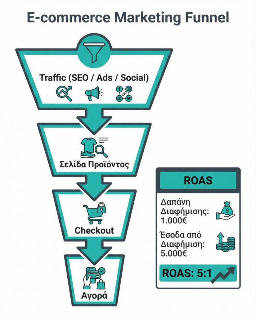 Διάγραμμα funnel e-commerce από επισκεψιμότητα έως αγορά με πλαίσιο υπολογισμού ROAS