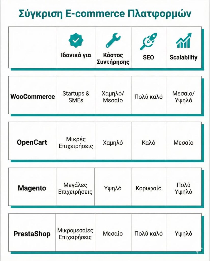 Συγκριτικός πίνακας πλατφορμών CMS για e-shop με κριτήρια SEO, συντήρηση και κλιμάκωση