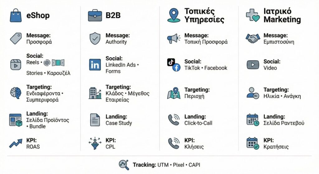 Playbooks προώθησης ιστοσελίδων στα Social Media: eShop, B2B, τοπικές υπηρεσίες και ιατρικό marketing με message, targeting, landing και KPI.