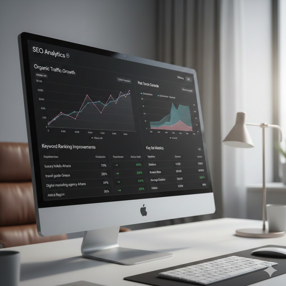 SEO performance dashboard showing traffic growth in Athens