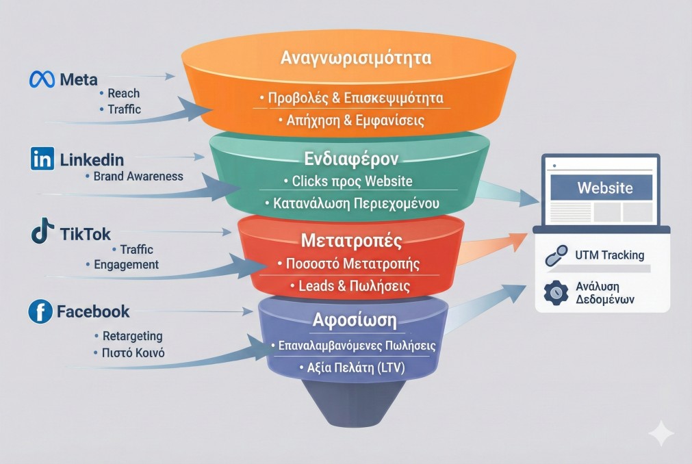 Marketing funnel στα Social Media: αναγνωρισιμότητα, ενδιαφέρον, μετατροπές, αφοσίωση με Meta, LinkedIn, TikTok και UTM tracking.