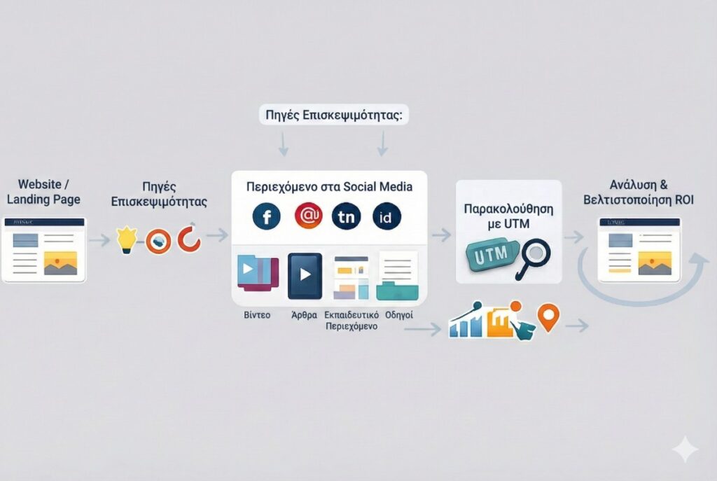 Ροή στρατηγικής διανομής περιεχομένου: από website προς social media, UTM παρακολούθηση και ανάλυση για βελτιστοποίηση ROI.
