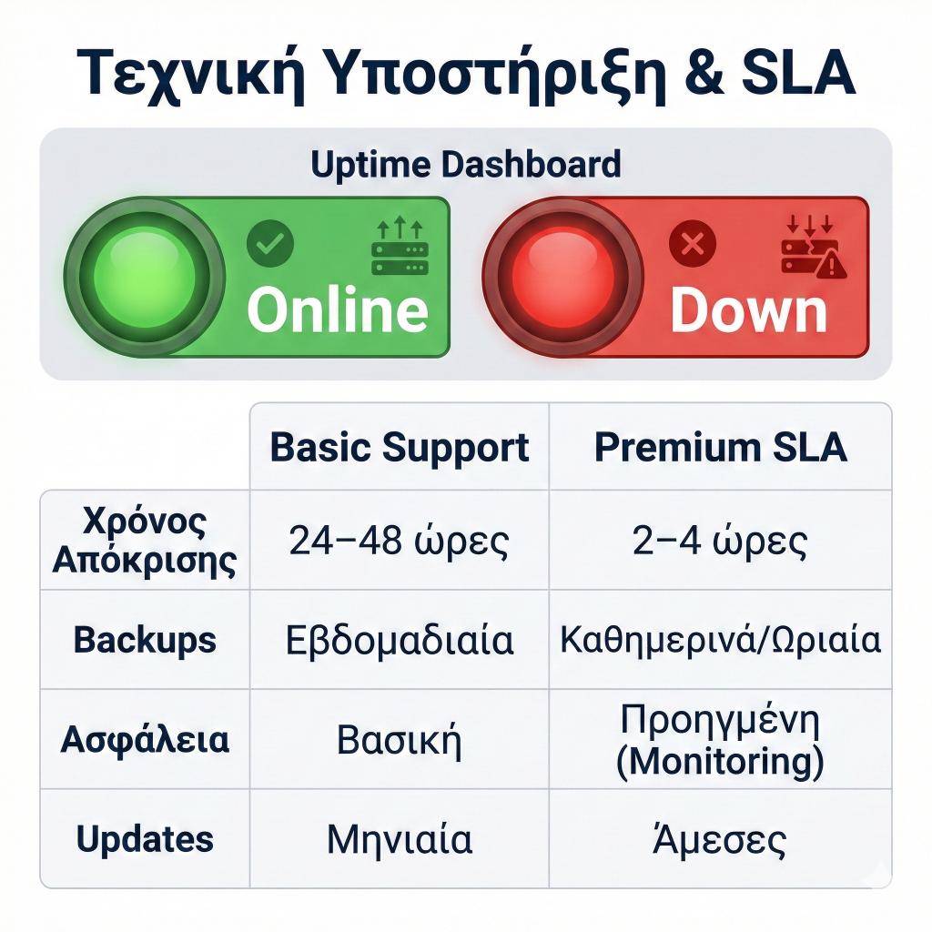 Infographic για SLA υποστήριξης e-shop με χρόνους απόκρισης, backups και ασφάλεια