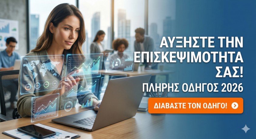 Μια επαγγελματίας γυναίκα σε σύγχρονο γραφείο αλληλεπιδρά με ολογραφικά γραφήματα αναλύσεων μπροστά από το laptop της. Στα δεξιά υπάρχει το κείμενο 