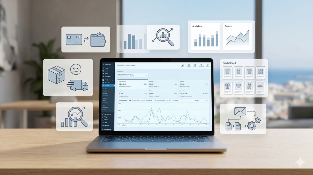 WooCommerce dashboard με βασικές λειτουργίες για πληρωμές, αποστολές, SEO, analytics και automations σε ελληνικό eshop