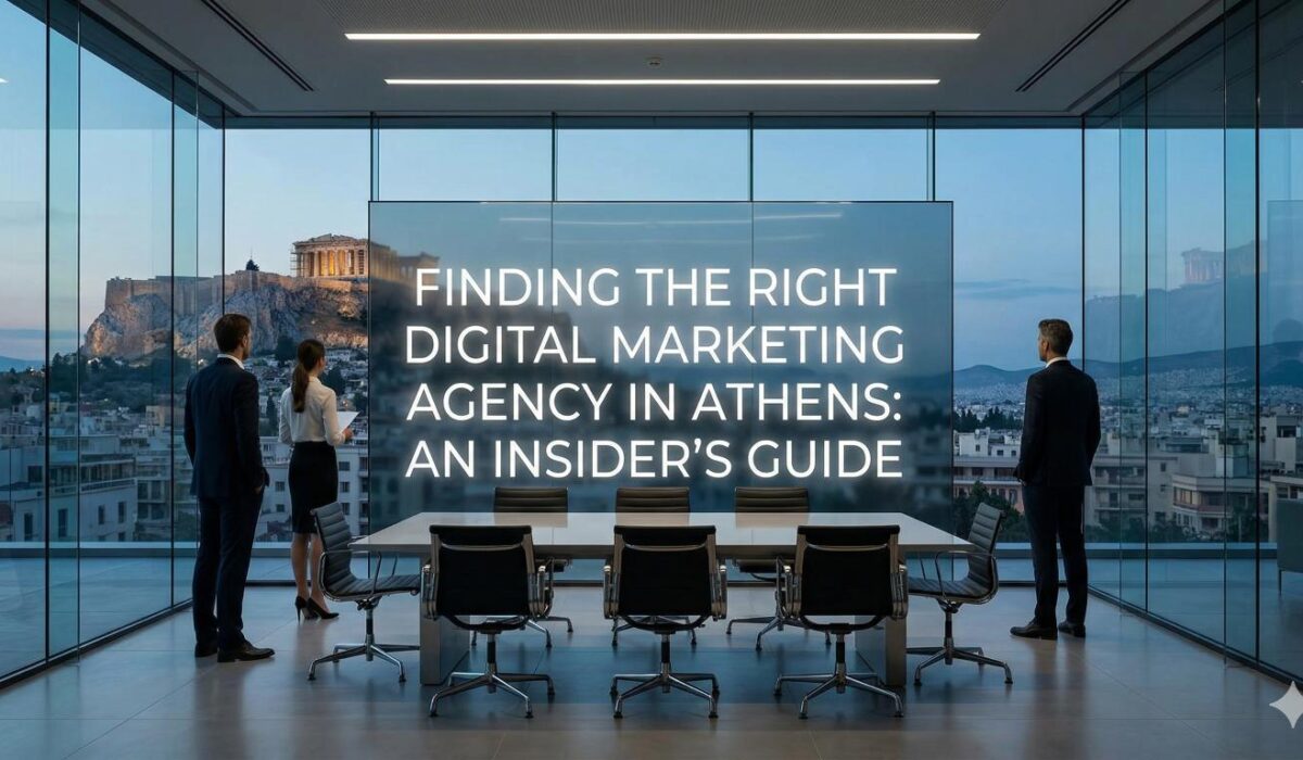 A professional guide to finding the right digital marketing company in Athens, with the Acropolis as a backdrop.