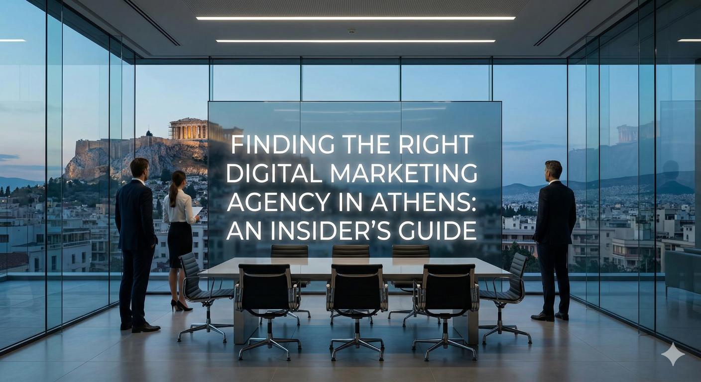 A professional guide to finding the right digital marketing company in Athens, with the Acropolis as a backdrop.