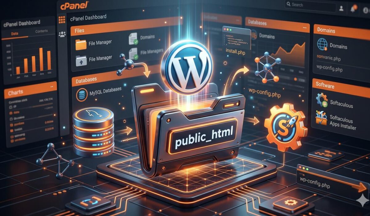 Οδηγός εγκατάστασης WordPress μέσω cPanel, απεικονίζοντας το ανέβασμα των αρχείων στον φάκελο public_html και τη βάση δεδομένων.
