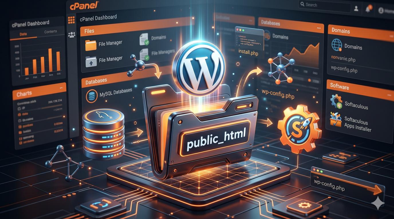 Οδηγός εγκατάστασης WordPress μέσω cPanel, απεικονίζοντας το ανέβασμα των αρχείων στον φάκελο public_html και τη βάση δεδομένων.