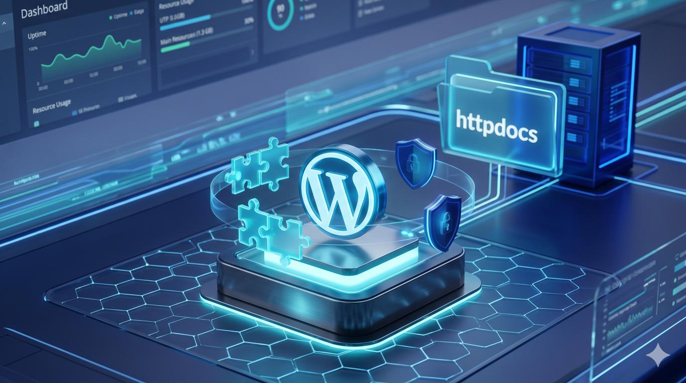 Εγκατάσταση WordPress μέσω Plesk panel, παρουσιάζοντας το εργαλείο WP Toolkit και την τοποθέτηση στον φάκελο httpdocs.