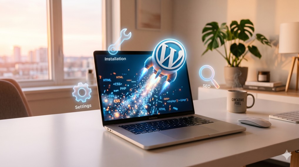 Ολοκληρωμένος οδηγός για εγκατάσταση WordPress βήμα βήμα, απεικονίζοντας ένα laptop με το λογότυπο του WordPress και εικονίδια SEO και ρυθμίσεων.
