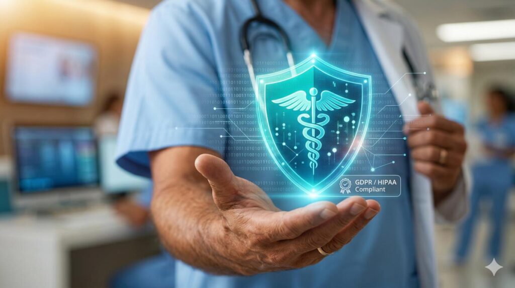 Συμβολική αναπαράσταση της ιατρικής ηθικής και της προστασίας δεδομένων GDPR.