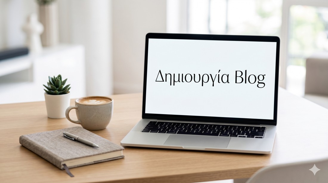 Ένα σύγχρονο γραφείο με laptop, όπου στην οθόνη αναγράφεται ο τίτλος Δημιουργία Blog, αντιπροσωπεύοντας το ξεκίνημα ενός ιστολογίου.